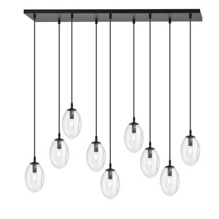 Lampe suspendue noire exceptionnellement longue avec 9 verres transparents E14