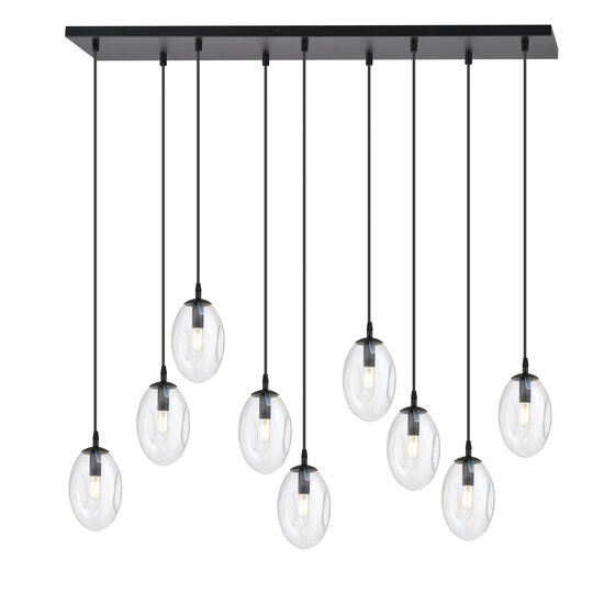 Exceptionally long black hanging lamp with 9 transparent glasses E14