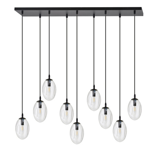 Uitzonderlijk lange zwarte hanglamp met 9 transparante glazen E14