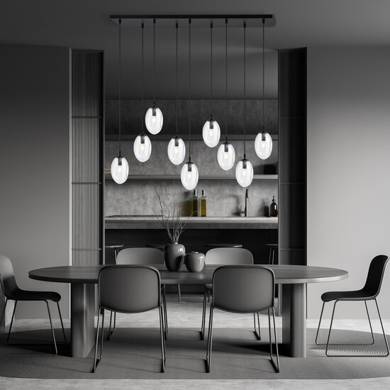 Uitzonderlijk lange zwarte hanglamp met 9 transparante glazen E14