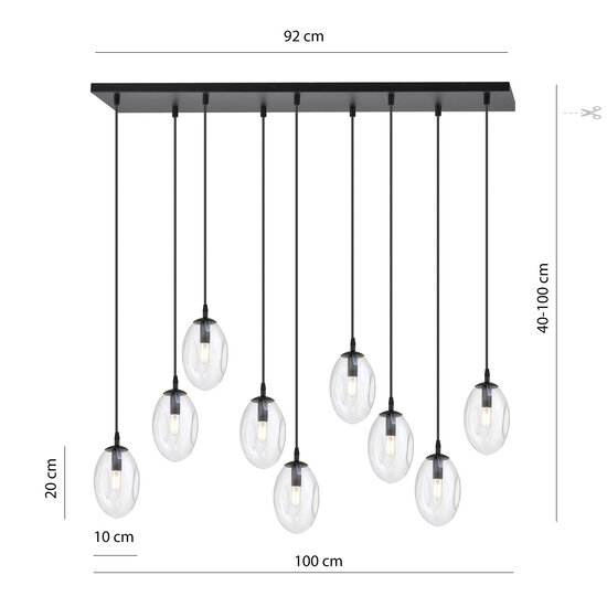 Exceptionally long black hanging lamp with 9 transparent glasses E14