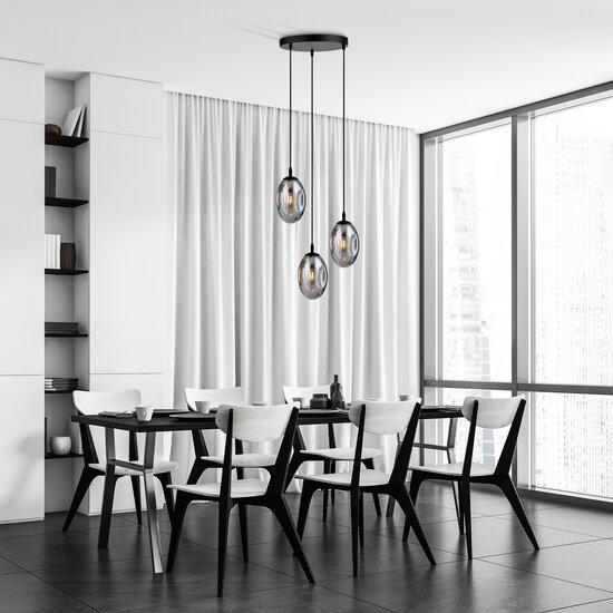 Knappe 3 licht zwarte pendel met 3x E14 geblazen gerookt glas