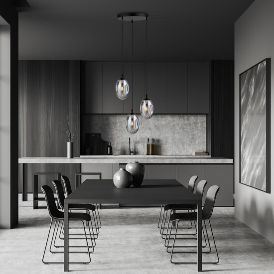 Knappe 3 licht zwarte pendel met 3x E14 geblazen gerookt glas