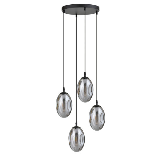Design 4 light black pendant with 4x E14 blown smoke glass