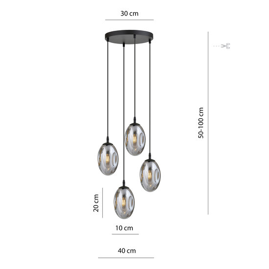 Design 4 light black pendant with 4x E14 blown smoke glass