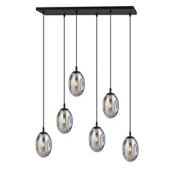 Longue suspension noire à 6 lampes avec 6 verres fumés soufflés