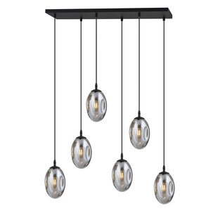 Longue suspension noire à 6 lampes avec 6 verres fumés soufflés