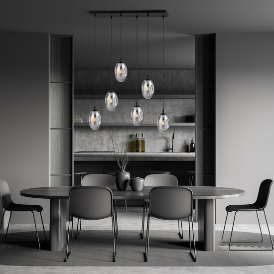 Emibig Lange schwarze Pendelleuchte mit 6 Lampen und 6 mundgeblasenen Rauchgläsern - Ideal für stilvolle Beleuchtung in jedem Raum