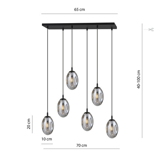 Emibig Lange schwarze Pendelleuchte mit 6 Lampen und 6 mundgeblasenen Rauchgläsern - Ideal für stilvolle Beleuchtung in jedem Raum
