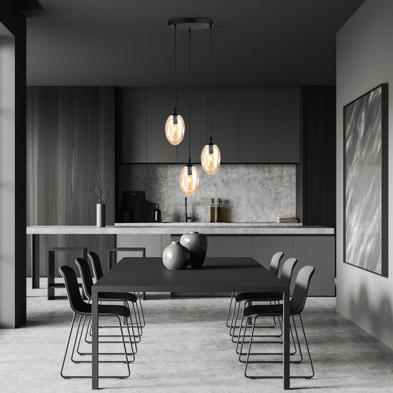Lampe suspendue à 3 suspensions E14 noir simple verre couleur ambre