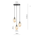 Hanging lamp with 3 pendants E14 black single amber color glass