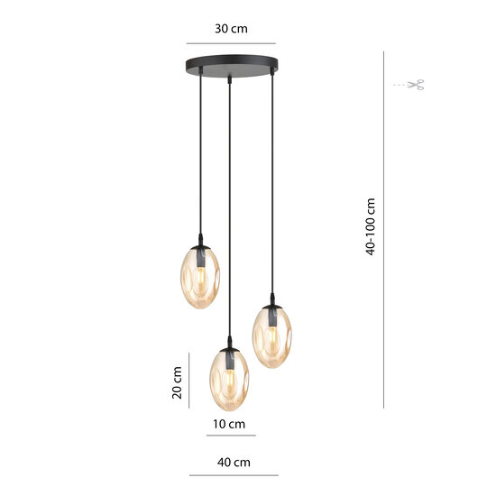 Lampe suspendue à 3 suspensions E14 noir simple verre couleur ambre