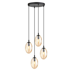 Hanging lamp with 4 pendants E14 black single amber color blown glass