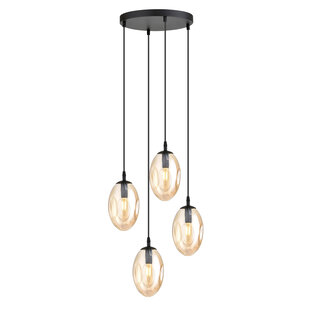 Hanglamp met 4 pendels E14 zwart enkel amberkleur geblazen glas