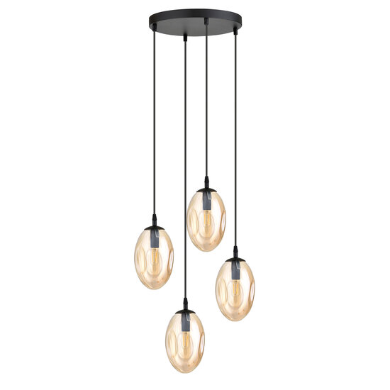 Hanglamp met 4 pendels E14 zwart enkel amberkleur geblazen glas