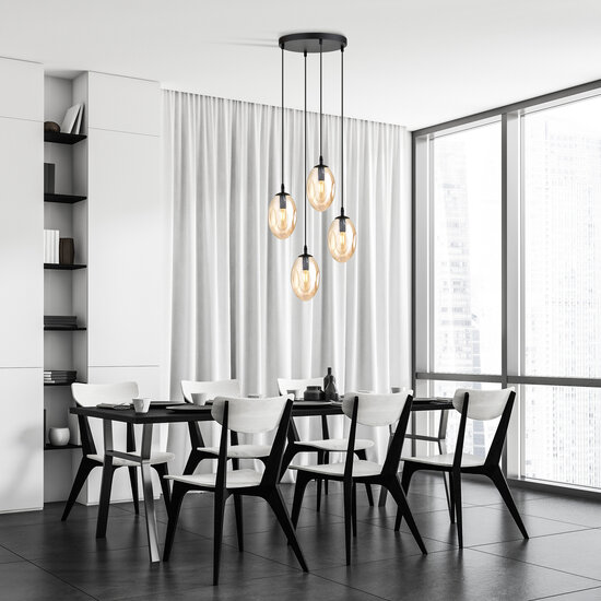 Lampe à suspension avec 4 suspensions E14 noir simple couleur ambre verre soufflé