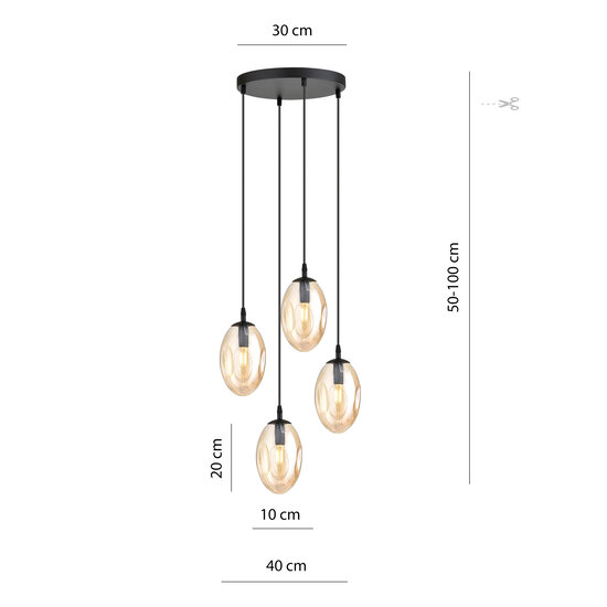 Hanging lamp with 4 pendants E14 black single amber color blown glass