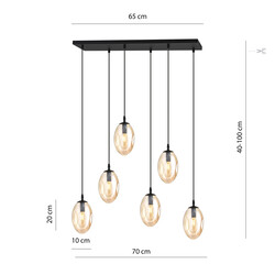 Grande suspension longue avec 6 pendentifs en verre de couleur ambre E14