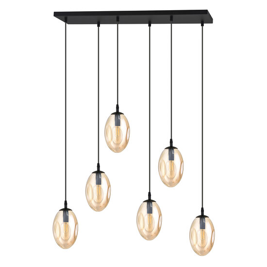 Large long hanging lamp with 6 amber-coloured glass pendants E14
