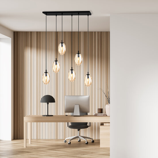 Large long hanging lamp with 6 amber-coloured glass pendants E14