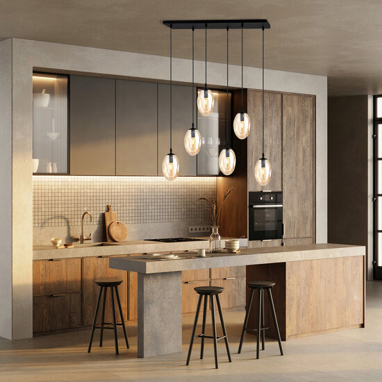 Grande suspension longue avec 6 pendentifs en verre de couleur ambre E14