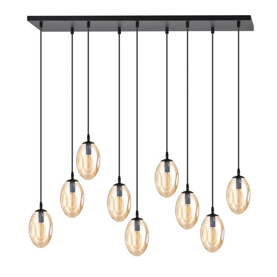 Eye catcher hanglamp zwart met 9 glazen amber pendels
