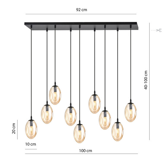 Eye catcher hanglamp zwart met 9 glazen amber pendels