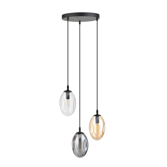Lampe à suspension ronde avec 3 pendentifs différents (transparent, ambre et fumé)
