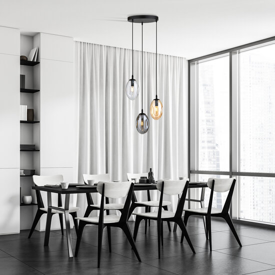 Round pendant lamp with 3 different pendants (transparent, amber and smoked)