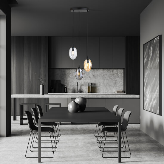 Round pendant lamp with 3 different pendants (transparent, amber and smoked)