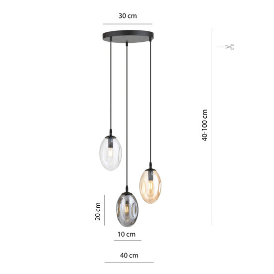 Round pendant lamp with 3 different pendants (transparent, amber and smoked)