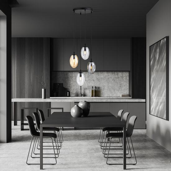 Lampe à suspension ronde avec 4 suspensions différentes E14 (2 transparentes, ambrées et fumées)