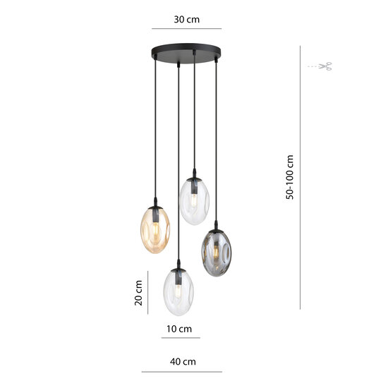 Round pendant lamp with 4 different pendants E14 (2 transparent, amber and smoked)