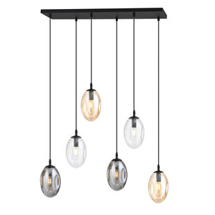 Long dining table lamp with 6 pendants E14 with different blown glass