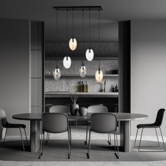 Long dining table lamp with 6 pendants E14 with different blown glass