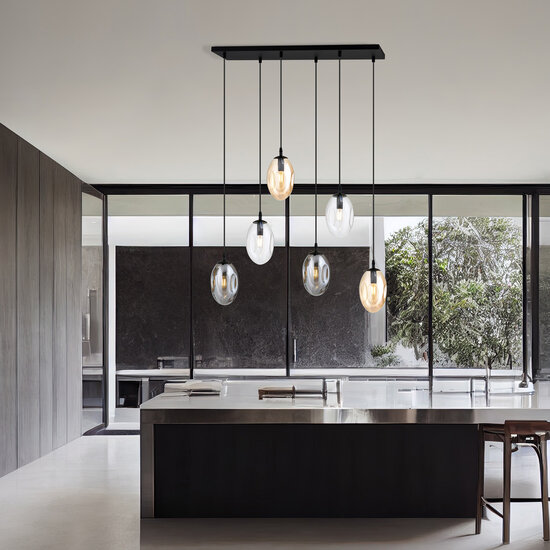 Long dining table lamp with 6 pendants E14 with different blown glass