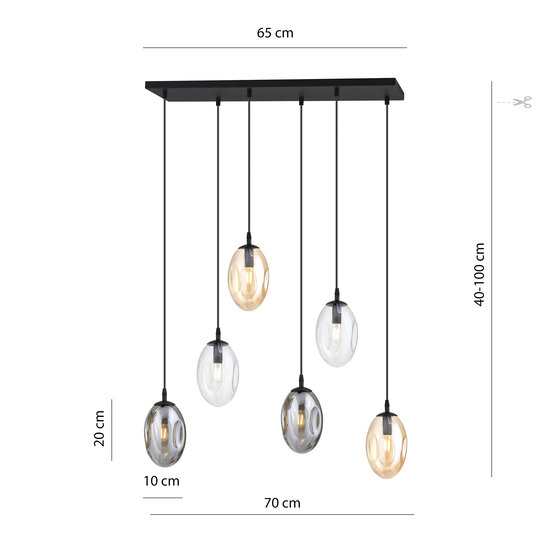 Long dining table lamp with 6 pendants E14 with different blown glass