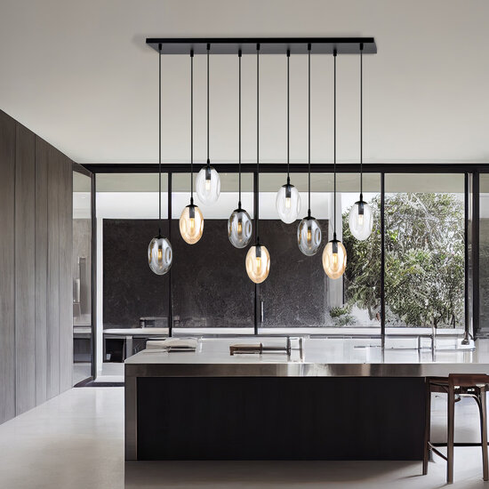 Large hanging lamp for above the table with 9 different glass pendants E14