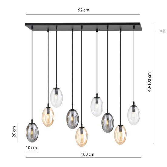 Large hanging lamp for above the table with 9 different glass pendants E14