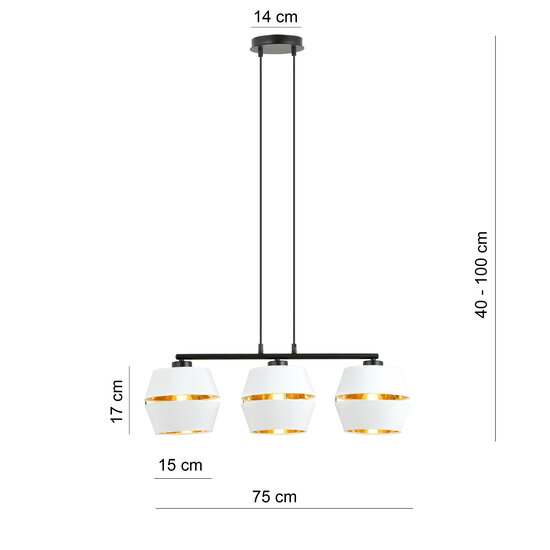 Colgante negro 3x E27 blanco con casquillos dorados metal