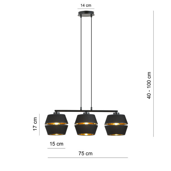 Suspension entièrement noire 3x E27 avec intérieur doré