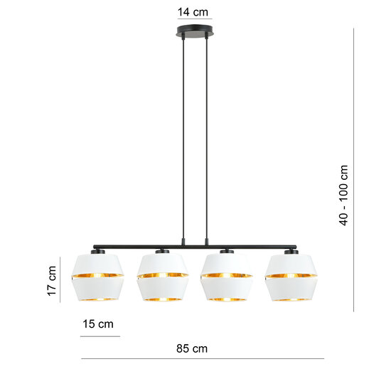 Suspension noire 4x E27 blanc avec embouts métal doré