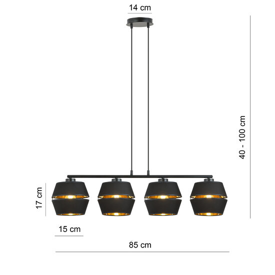 Completely black pendant 4x E27 with gold interior