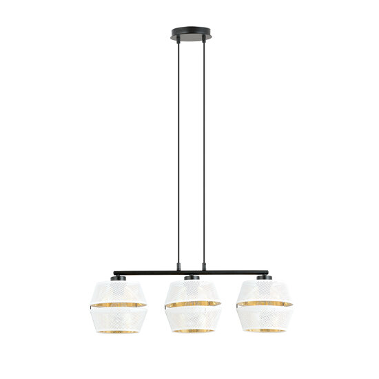 Schwarze Hängelampe 3x E27 weiß mit goldenen Kappen mit Metalllöchern