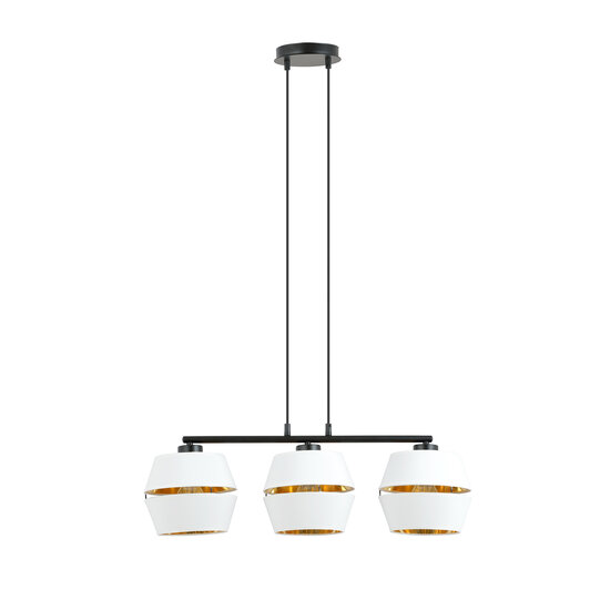 Zwarte hanglamp 3x E27 wit met gouden kappen met gaatjes metaal