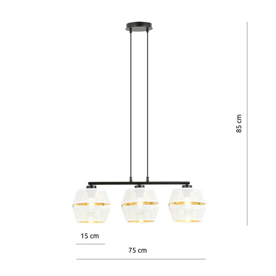 Black hanging lamp 3x E27 white with gold caps with metal holes