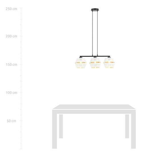 Zwarte hanglamp 3x E27 wit met gouden kappen met gaatjes metaal