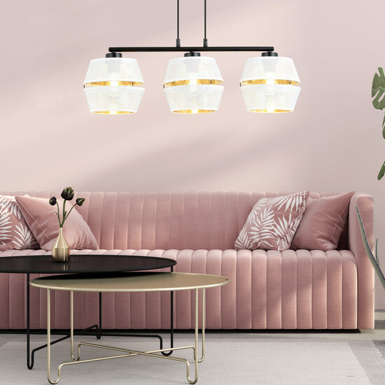 Zwarte hanglamp 3x E27 wit met gouden kappen met gaatjes metaal