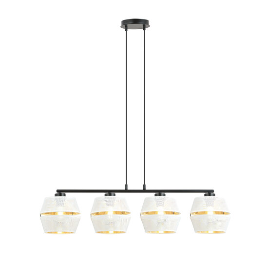 Schwarze Pendelleuchte 4x E27 perforiert weiß mit goldenen Metallkappen