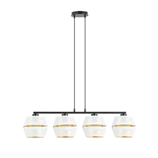 Schwarze Pendelleuchte 4x E27 perforiert weiß mit goldenen Metallkappen